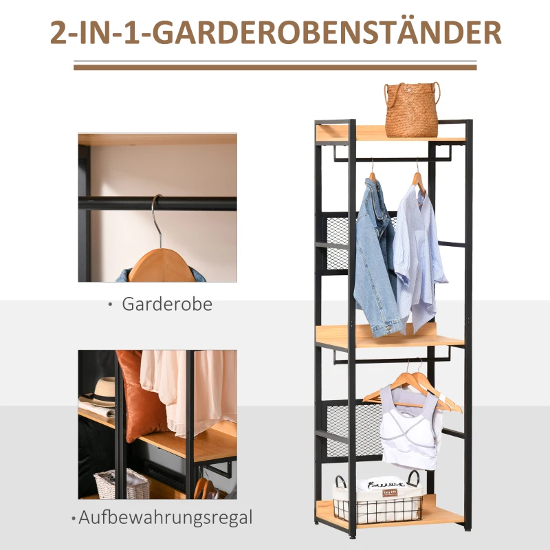 HOMCOM Garderobeständer Mantelgestell Kleiderständer Kleidung Hüte Taschen Schuhe Multifunktion Schwarz+Natur  60 x 40 x 190 cm