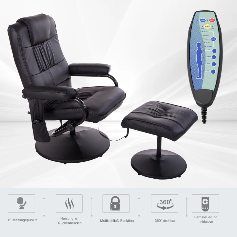 HOMCOM Kunstleder Massagesessel Relaxsessel Fernsehsessel TV Sessel mit Wärmefunktion inkl. Hocker Schwarz