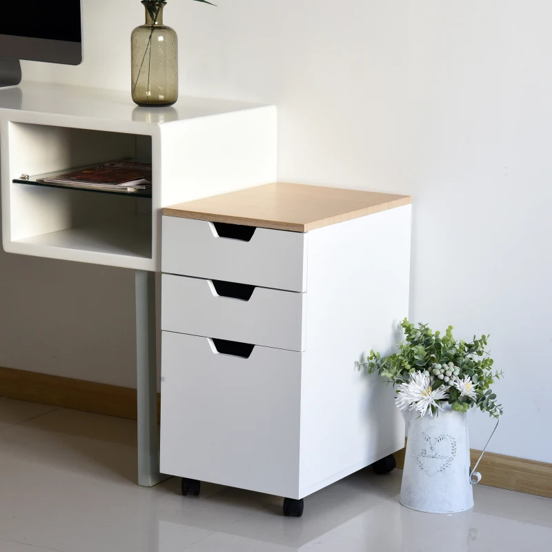 HOMCOM Rollcontainer, Bürocontainer mit 3 Schubladen, Büroschrank, Aufbewahrung, Container,4 Universalräder, Spanplatte, Weiß+Natur, 34 x 40 x 60,5 cm