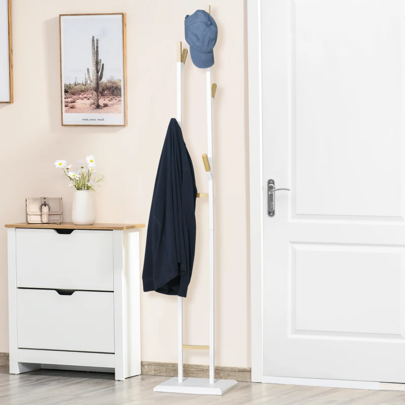 HOMCOM Garderobenständer Standgarderobe mit 8 Haken Kleiderständer weiße Metallrahmen und Bambus-zweige Wohnzimmer Eingangsbereich Schlafzimmer Mantel Handtaschen 34 x 30 x 183 cm