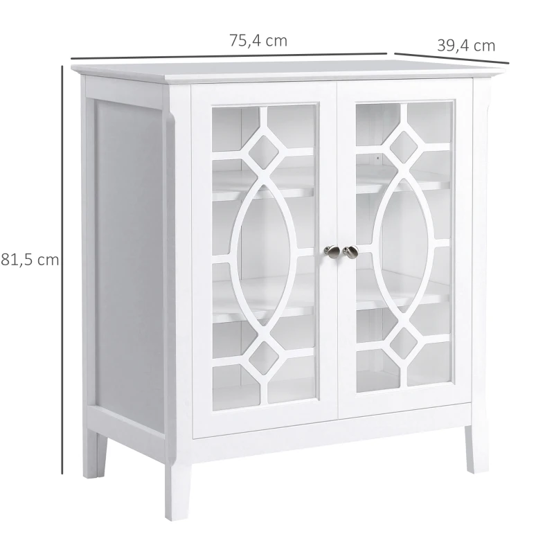 HOMCOM Kommode Sideboard Vitrinenschrank Küchenschrank Unterschrank Badzimmerschrank Bücherschrank Einlegeböden verstellbar MDF Glas weiß elegant 75,4 x 39,4 x 81,5 cm