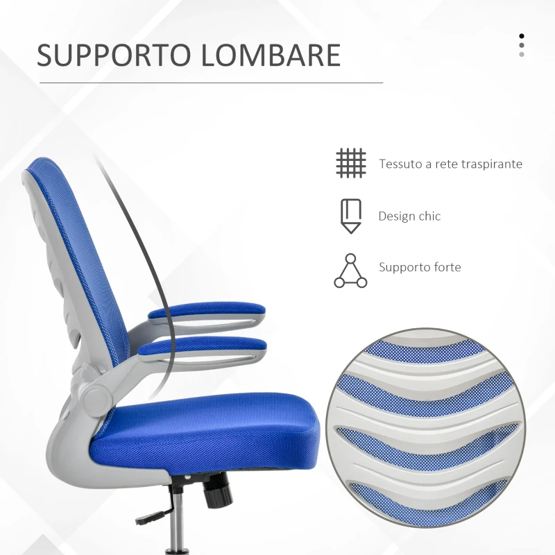 Vinsetto Sedia da Ufficio Ergonomica, Poltrona Girevole, Altezza Regolabile e Braccioli Sollevabili, 58.5x58x94.5-103.5cm, Blu