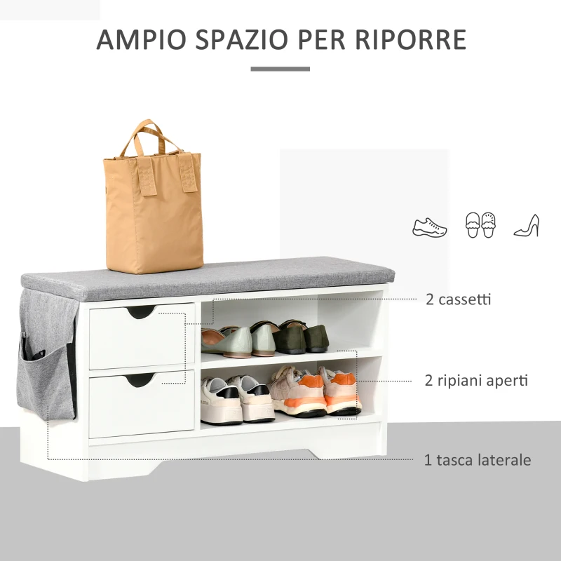 HOMCOM Scarpiera Salvaspazio, Panca Scarpiera in Legno, Mobile Scarpiera da Ingresso, Bianca, 80.5x30.5x43.5cm