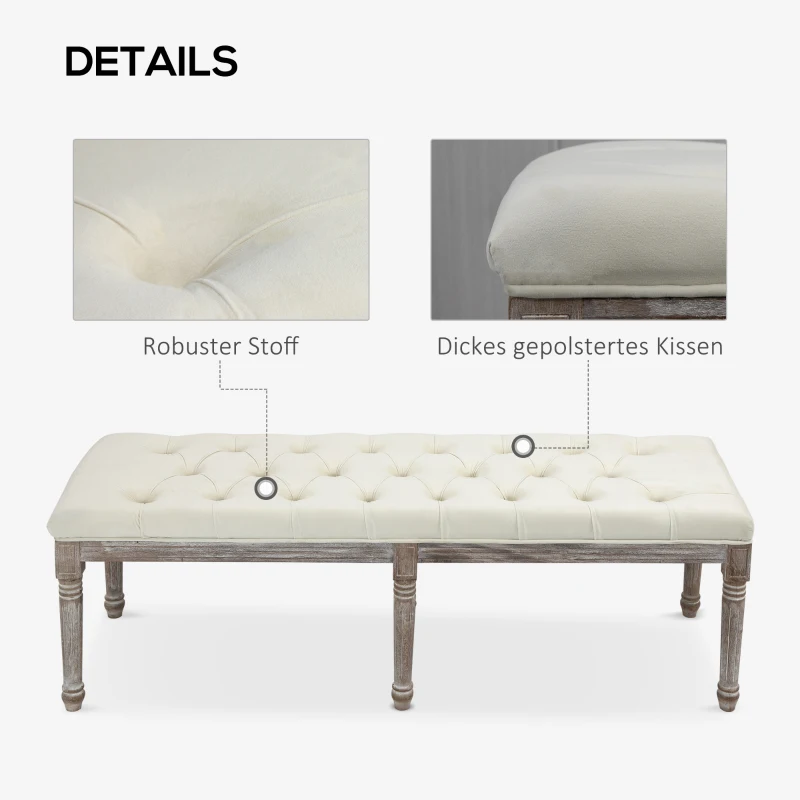 HOMCOM Polsterbank Sitzbank Vintage Bettbank mit Knöpfen Samtige Berührung Gummiholz Beige 142 x 47 x 51 cm