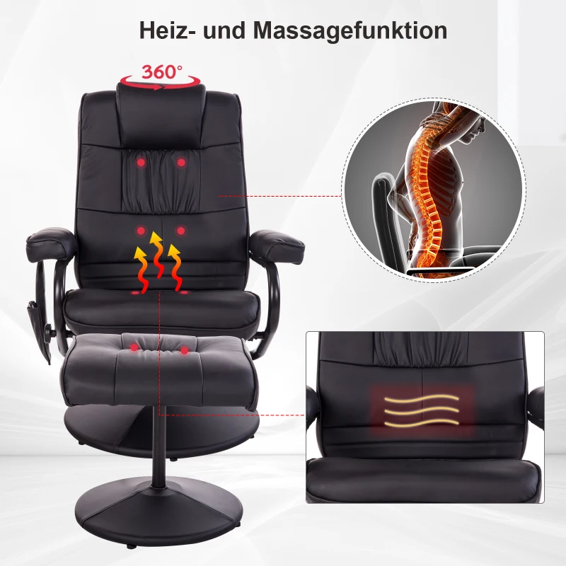 HOMCOM Kunstleder Massagesessel Relaxsessel Fernsehsessel TV Sessel mit Wärmefunktion inkl. Hocker Schwarz