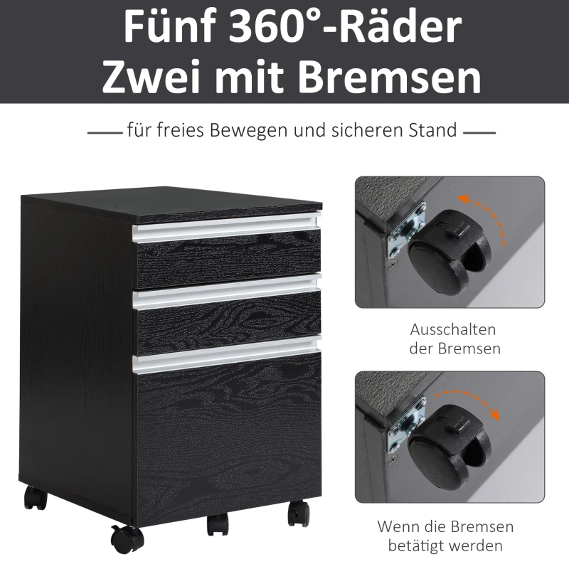 HOMCOM Rollcontainer Aktenschrank Büroschrank mit Schublade Lagerschrank Aufbewahrung Container Spanplatte Schwarz 39x 39 x59,2 cm