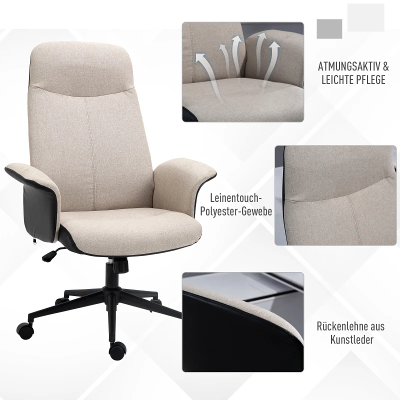Vinsetto Bürostuhl Ergonomischer Drehstuhl mit Wippenfunktion Armlehne höhenverstellbar Kunstleder Beige 72 x 63 x 111-119 cm