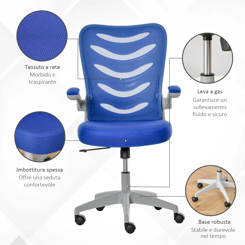 Vinsetto Sedia da Ufficio Ergonomica, Poltrona Girevole, Altezza Regolabile e Braccioli Sollevabili, 58.5x58x94.5-103.5cm, Blu