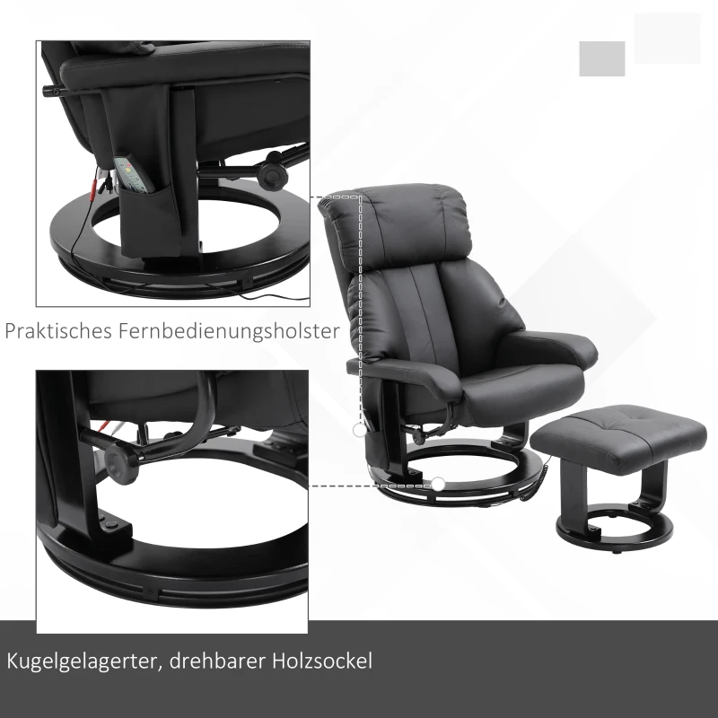 HOMCOM Massagesessel Fernsehsessel Sessel mit Hocker Massagefunktion samtartiges Polyester Schwarz 76 x 80 x 102 cm