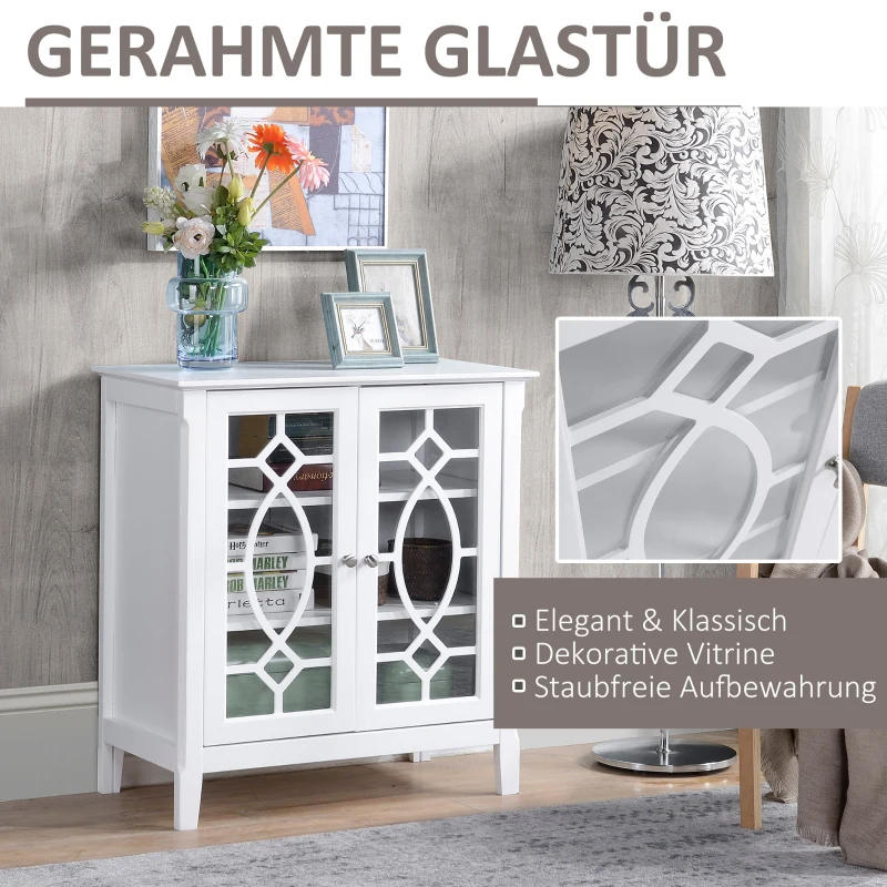 HOMCOM Kommode Sideboard Vitrinenschrank Küchenschrank Unterschrank Badzimmerschrank Bücherschrank Einlegeböden verstellbar MDF Glas weiß elegant 75,4 x 39,4 x 81,5 cm