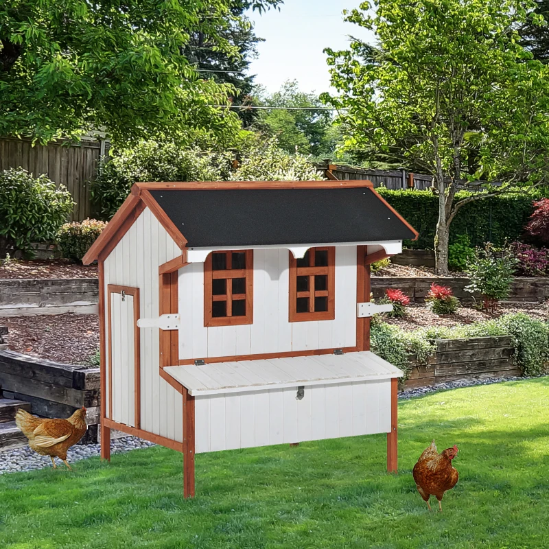 PawHut cotet din lemn pentru gaini 120x96x123cm, alb crem