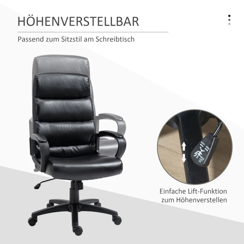 Vinsetto Bürostuhl Drehstuhl mit Rückenlehne Chefsessel Bürosessel Höhenverstellbar Computerstuhl Arbeitsstuhl Schreibtischstuhl mit Wippfunktion PU-kunststoff Schwarz 66 x 66 x 107-114 cm