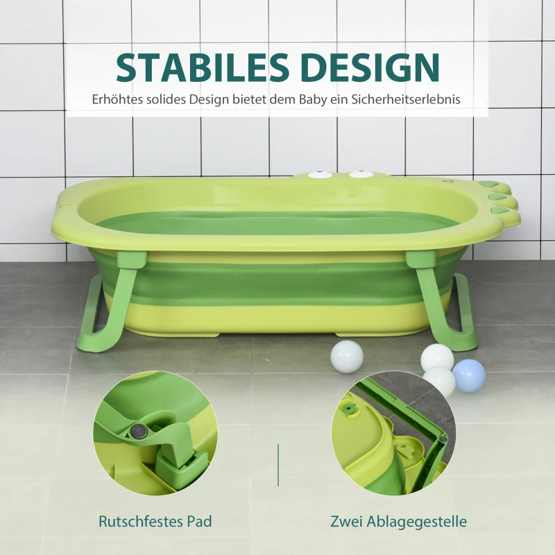HOMCOM opvouwbaar babybadje babybadje met antislip voetkussentje steunstangen opvouwbaar babybadje met krokodilvorm voor kinderen van 0-3 jaar PP plastic TPE groen 80 x 53,9 x 20,8 cm