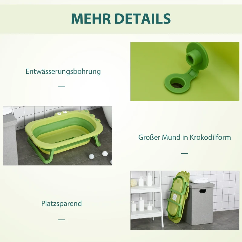 HOMCOM opvouwbaar babybadje babybadje met antislip voetkussentje steunstangen opvouwbaar babybadje met krokodilvorm voor kinderen van 0-3 jaar PP plastic TPE groen 80 x 53,9 x 20,8 cm