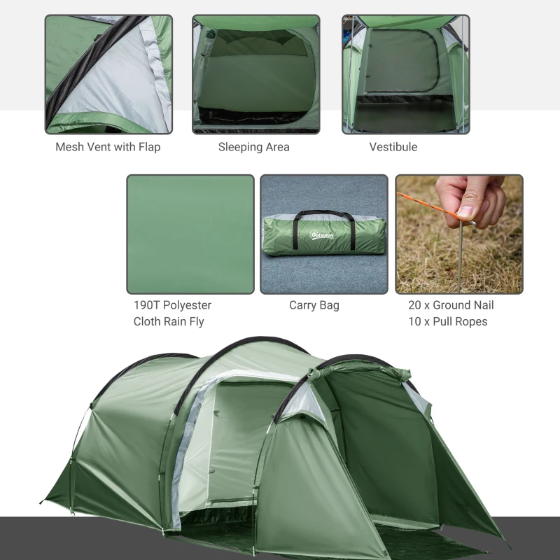 Outsunny Camping Dome Tent 2 Room for 3-4 Person with Weatherproof Screen Room Vestibule Backpacking Tent Lightweight 2 Gate Poles for Fishing & Hiking Dark Green