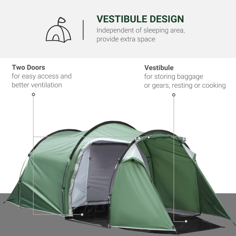 Outsunny Camping Dome Tent 2 Room for 3-4 Person with Weatherproof Screen Room Vestibule Backpacking Tent Lightweight 2 Gate Poles for Fishing & Hiking Dark Green