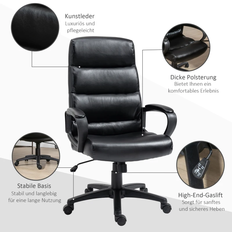 Vinsetto bureaustoel draaistoel met rugleuning bureaufauteuil in hoogte verstelbaar PU kunststof schuimstof nylon zwart 66 x 66 x 107-114 cm