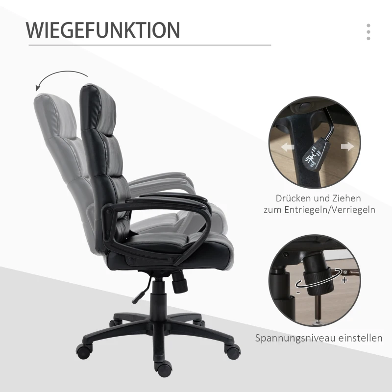 Vinsetto Bürostuhl Drehstuhl mit Rückenlehne Chefsessel Bürosessel Höhenverstellbar Computerstuhl Arbeitsstuhl Schreibtischstuhl mit Wippfunktion PU-kunststoff Schwarz 66 x 66 x 107-114 cm