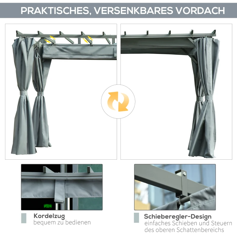 Outsunny Pergola-Pavillon mit einstellbarem Stoffdach witterungsbeständig wasserabweisend Sonnenschutz Polyester Stahl Grau 3,6 x 3 x 2,27 m