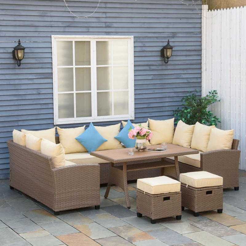 Outsunny Sitzgruppe für 10 Personen aus PE-Rattan 6-teilig inkl. Kissen,Braun+Khaki+Blau