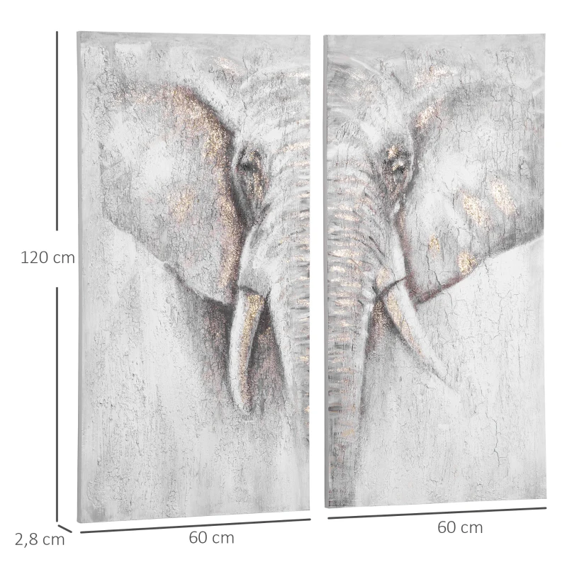 HOMCOM muurschilderingen, set van 2 stuks, wanddecoratie op canvas 'olifant' 120 x 120 x 2,8 cm