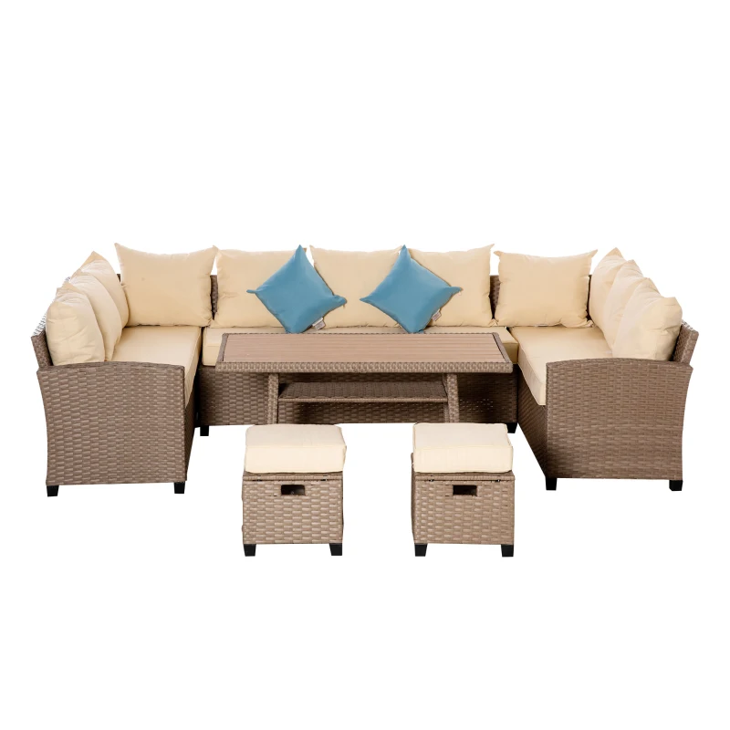 Outsunny Sitzgruppe für 10 Personen aus PE-Rattan 6-teilig inkl. Kissen,Braun+Khaki+Blau