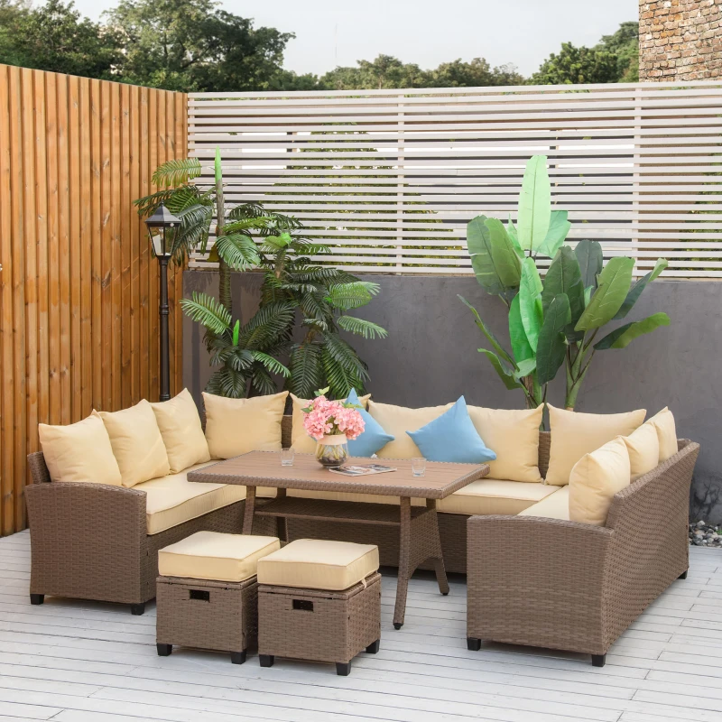 Outsunny Sitzgruppe für 10 Personen aus PE-Rattan 6-teilig inkl. Kissen,Braun+Khaki+Blau