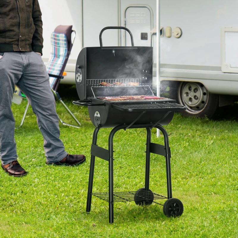 Outsunny BBQ Grill Wózek z pokrywką i półkami Metalowy czarny palacz Camping