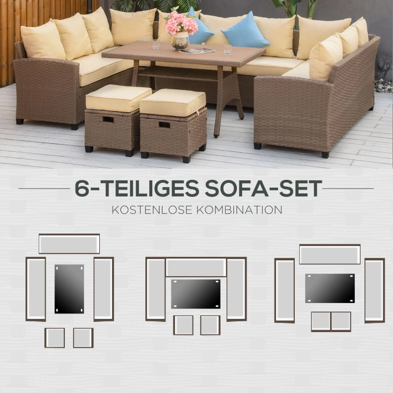 Outsunny Sitzgruppe für 10 Personen aus PE-Rattan 6-teilig inkl. Kissen,Braun+Khaki+Blau