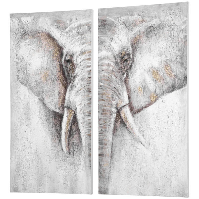 HOMCOM muurschilderingen, set van 2 stuks, wanddecoratie op canvas 'olifant' 120 x 120 x 2,8 cm