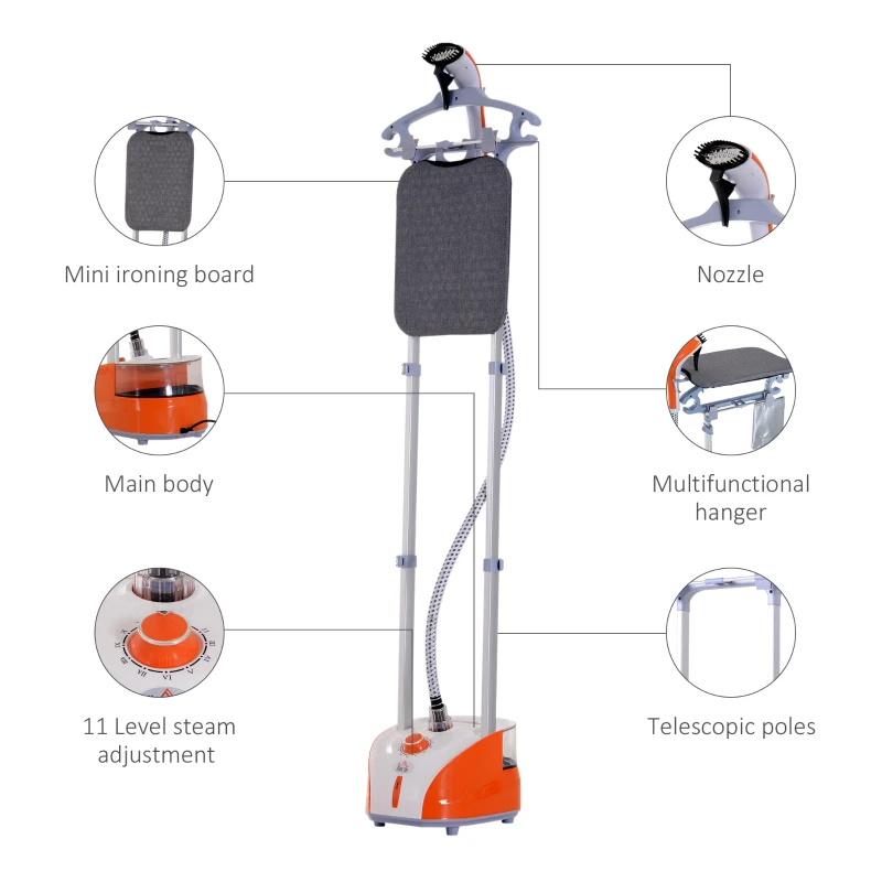 Homcom Fier de calcat Vaporizator Vertical Capacitate 2L, Portocaliu si Gri