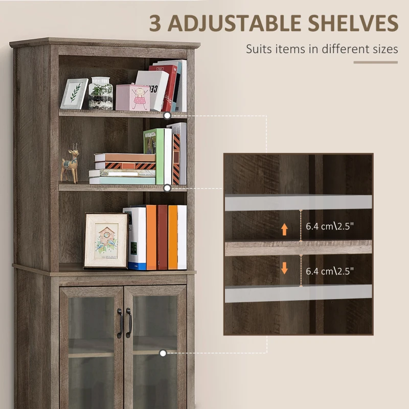 HOMCOM Free standing Kitchen Cupboard with 3 Open Shelves, Glass Door Cabinet, Storage Unit Home Organisation, Brown