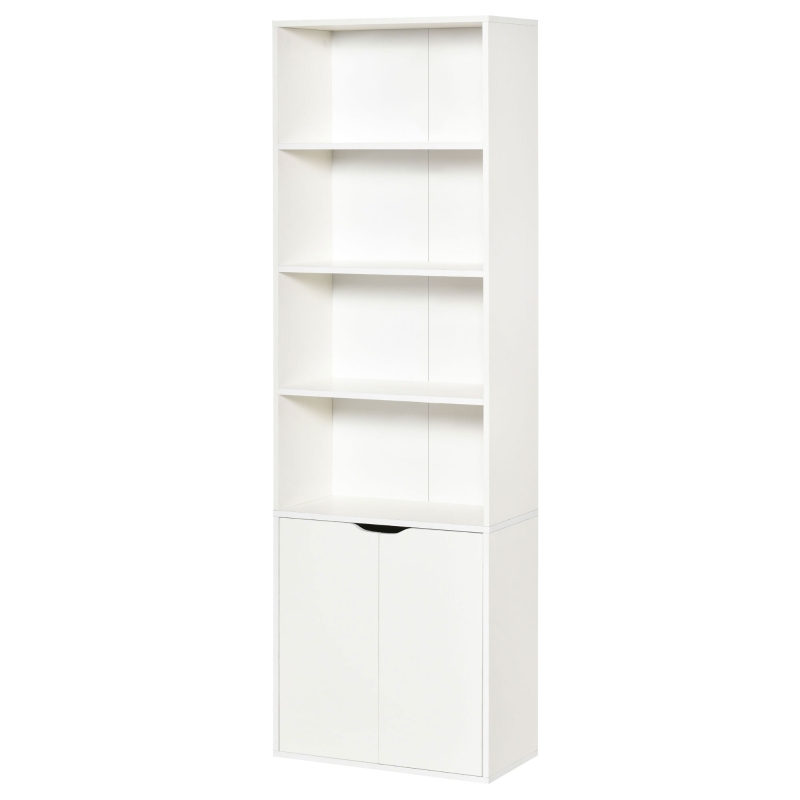 HOMCOM 6-Tier Tall Bookcase, Bookshelf with 4 Open Shelves and Double Door Storage Cabinet, Freestanding Display Rack for Living Room, Bedroom, Home Office, Study, 59 x 29 x 180cm, White