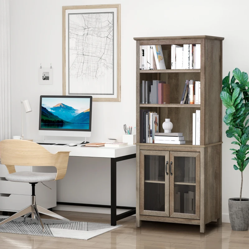 HOMCOM Free standing Kitchen Cupboard with 3 Open Shelves, Glass Door Cabinet, Storage Unit Home Organisation, Brown
