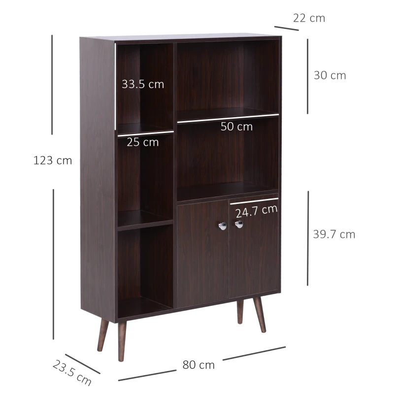 HOMCOM Sideboard Storage Cabinet Cupboard, Open Bookcase with 2 Doors 5 Compartments Wooden Modern Style for Living Room Bedroom Kitchen 80 x 23 x 123 cm, Walnut