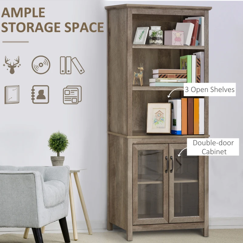 HOMCOM Free standing Kitchen Cupboard with 3 Open Shelves, Glass Door Cabinet, Storage Unit Home Organisation, Brown