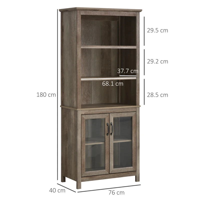 HOMCOM Free standing Kitchen Cupboard with 3 Open Shelves, Glass Door Cabinet, Storage Unit Home Organisation, Brown