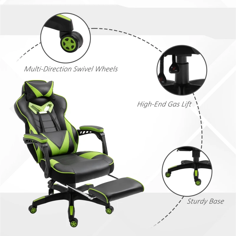 Vinsetto Racing Gaming Chair Adjustable Height Recliner with Wheels, Headrest,Lumbar Support Retractable Footrest Home Office, Black/Green