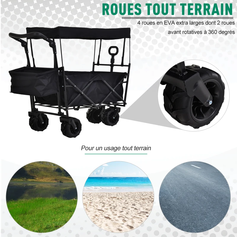Chariot de plage transport pliable tout-terrain métal noir oxford