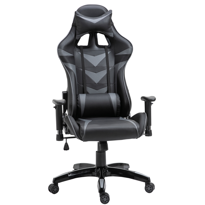 HOMCOM Fauteuil gamer chaise de gaming fauteuil de bureau pivotant inclinable fauteuil manager grand confort style baquet racing avec coussins revêtement synthétique gris noir