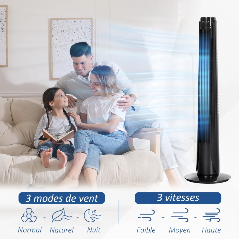 HOMCOM Ventilateur colonne tour oscillant 50 W ultra silencieux télécommande incluse minuterie 3 modes 3 vitesses Ø 27 x 92 cm noir