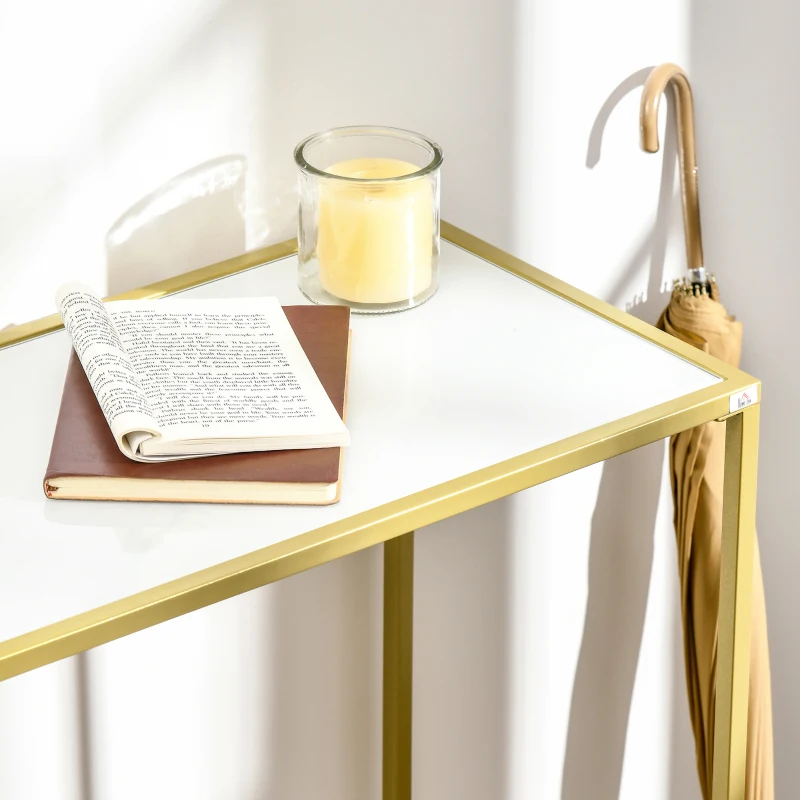 HOMCOM Mesa Consola Mesa de Entrada com Vidro e Estrutura de Aço para Corredor Sala de Estar Estilo Moderno com Anti-Rolamento Carga Máxima 25kg 100,5x35x80cm Branco e Dourado
