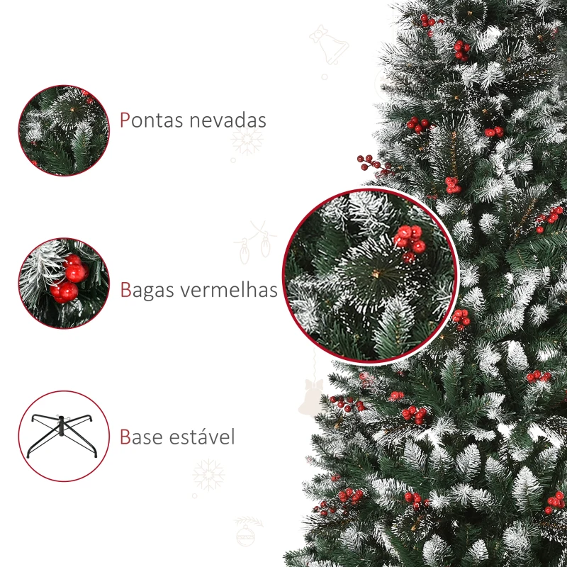 HOMCOM Árvore de Natal Artificial 180cm Ignífugo com 539 Ramos 51 Bagas Folhas de PVC Base Dobrável e Suporte Metálico Verde