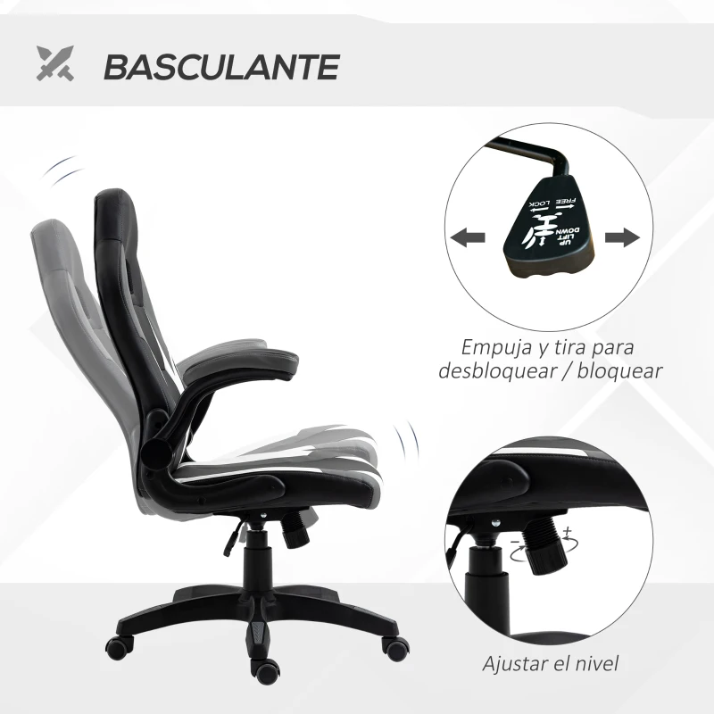 Vinsetto Silla Gaming Ergonómica Silla de Escritorio de Oficina 360° Giratoria con Apoyabrazos Abatibles Función de Basculante para Videojuegos Trabajo 68x71x114-124 cm Negro