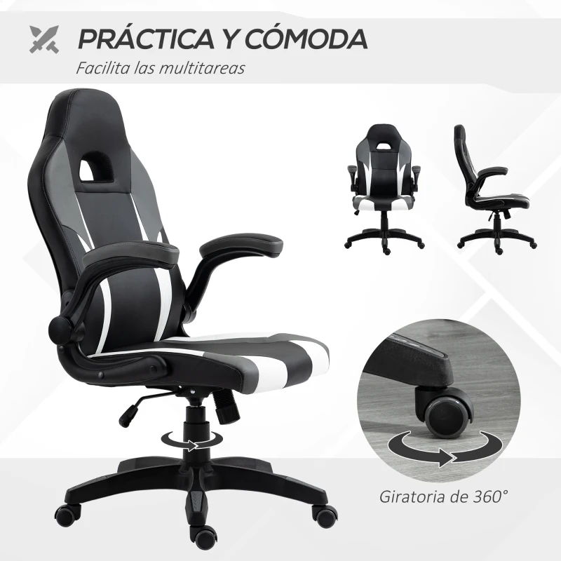 Vinsetto Silla Gaming Ergonómica Silla de Escritorio de Oficina 360° Giratoria con Apoyabrazos Abatibles Función de Basculante para Videojuegos Trabajo 68x71x114-124 cm Negro