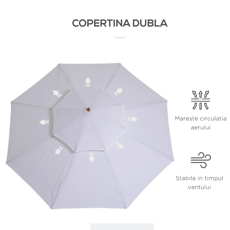 Outsunny Umbrela Gradina în Bambus și Lemn de Plop cu Dublu Acoperiș Impermeabil, Alb, Φ2.7×2.6m