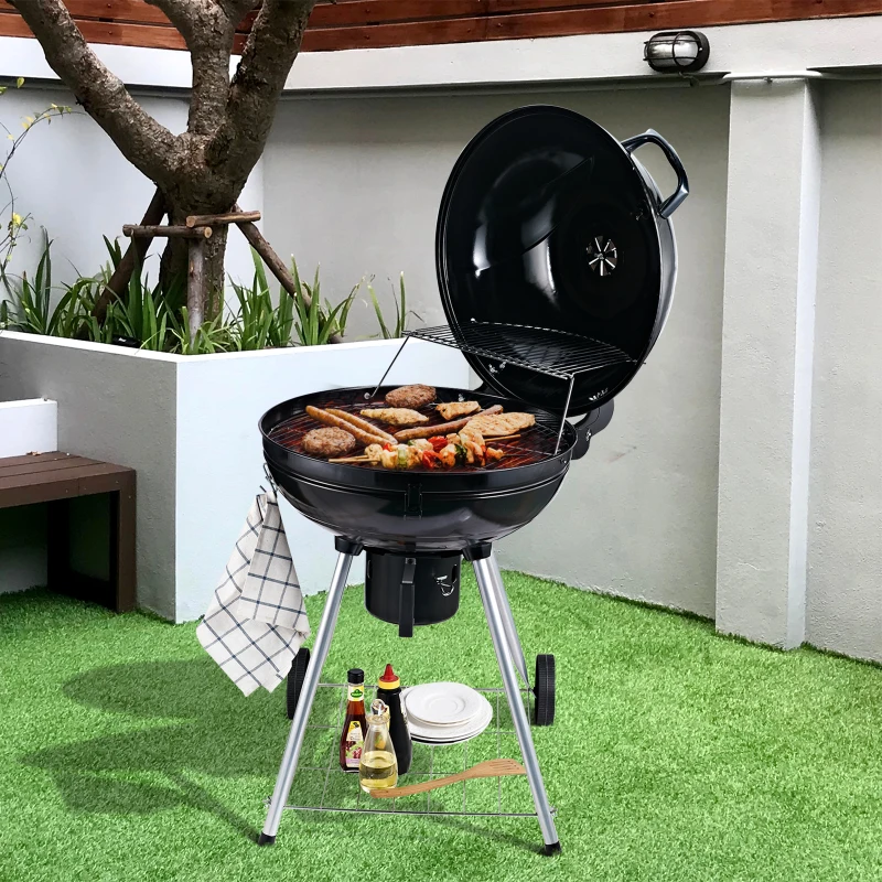 Outsunny grill na kółkach, grill węglowy, grill stojący, BBQ z pojemnikiem na popiół, okrągły