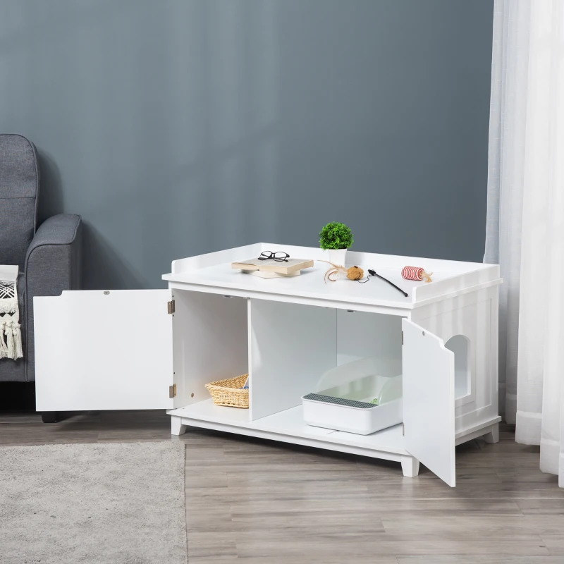 PawHut Katzenschrank für Katzentoilette Katzenklo Katzenhaus Katzenkommode Katzenhöhle mit Trennwand Schrank Weiß 95,4 x 54 x 57,5 cm