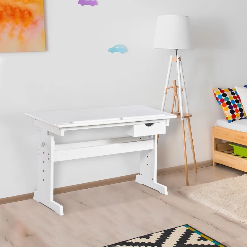 HOMCOM Adjustable Height Study Desk for Students Computer Desk, Home Learning Center Desk with Tilting Desktop and Storage Drawer, White