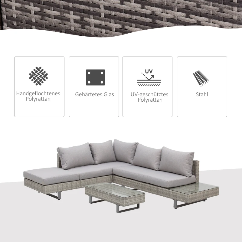 Outsunny Poly-rotan tuinmeubelen 3-delig. loungeset zitgroep set met aflegvlakken